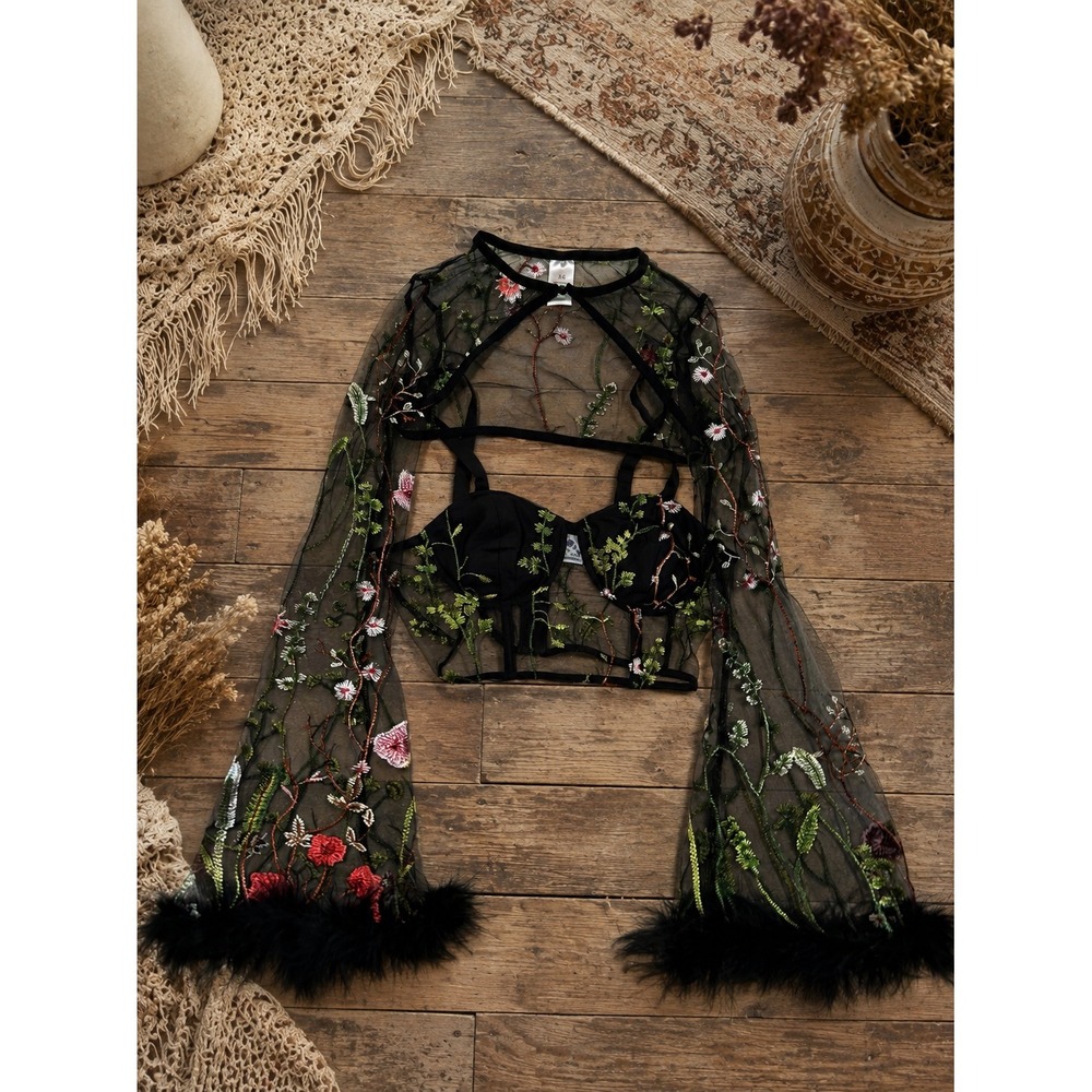 iHeartRaves Black Sheer Embroidered Floral Crop Top with Feather Cuffs